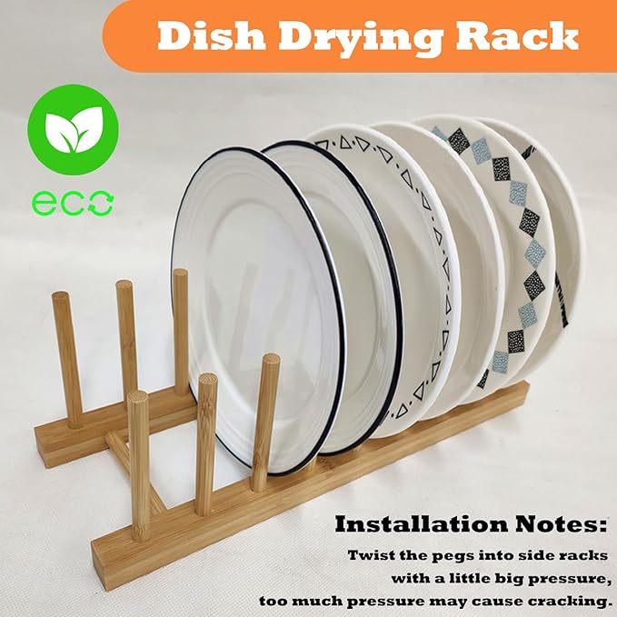 4 Pack Bamboo Wooden Dish Drying Rack, Plate Organizer for Cabinet, Plate Rack Pot Lid Holder for Dishs, Bowls, Cups, Cutting Boards and Books, Kitchen Cabinet Organizer