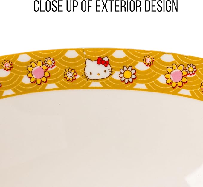 Silver Buffalo Sanrio Hello Kitty Pink and Gold Japanese Pattern with Flowers Ceramic Ramen Noodle Rice Bowl with Chopsticks, Microwave Safe, 30 Ounces
