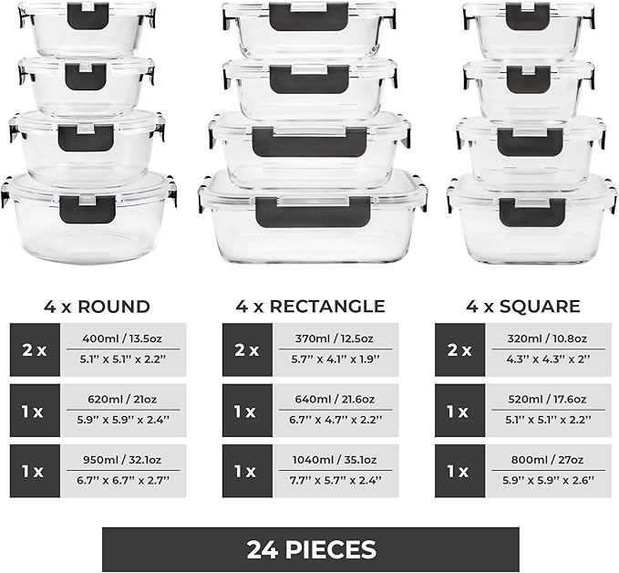 Freshware Glass Storage Containers with Lids, 24 Pieces, 12 Containers with 12 Lids, Glass Meal Prep Container for Lunch, Food Storage Containers, Leak Proof, Freezer Safe, Grey