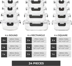 Freshware Glass Storage Containers with Lids, 24 Pieces, 12 Containers with 12 Lids, Glass Meal Prep Container for Lunch, Food Storage Containers, Leak Proof, Freezer Safe, Grey