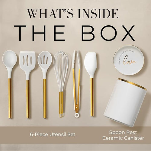 8 Piece White and Gold Kitchen Utensils – White Silicone Cooking Utensils Set, Ceramic Utensil Holder & Stackable Gold Spoon Rest –Nonstick, Non-Toxic, Heat Resistant, Luxury Kitchen Accessories