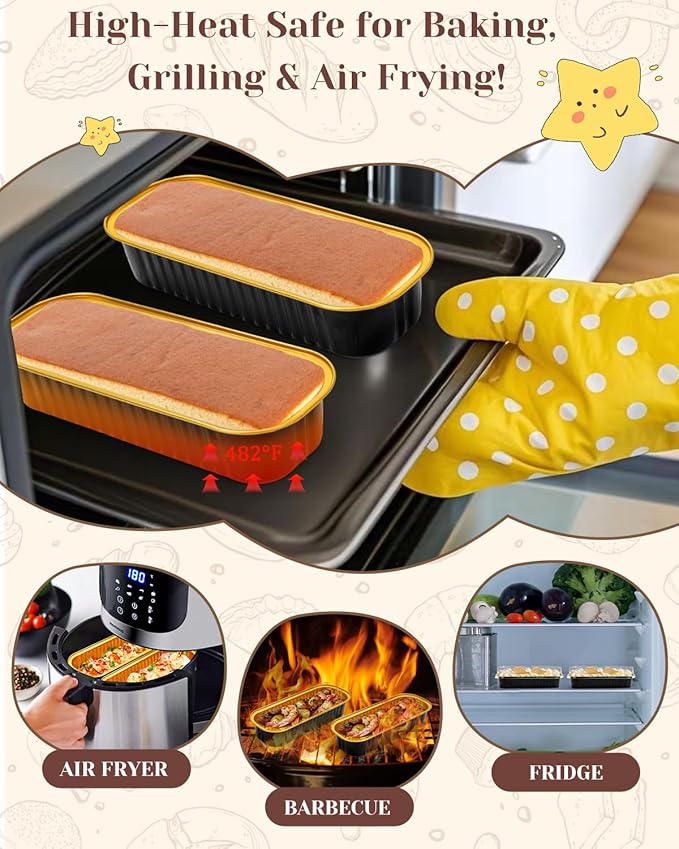 100 Pack Mini Loaf Pans with Lids, Spoons & Stickers – Disposable Aluminum Foil Baking Cake Containers for Oven, Air Fryer & Freezer – Ideal for Cakes, Bread, Pudding, Parties & Gifting, Black