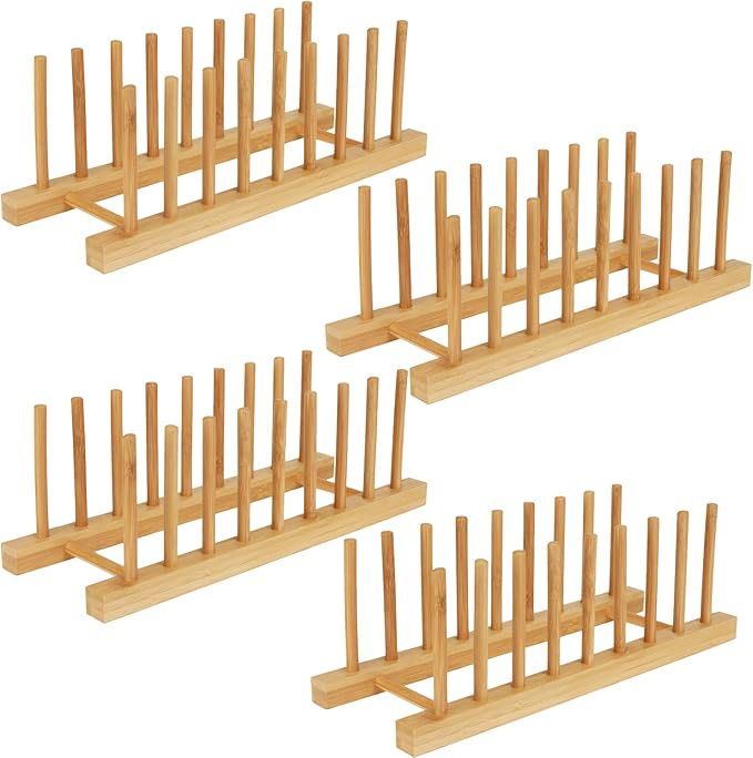 4 Pack Bamboo Wooden Dish Drying Rack, Plate Organizer for Cabinet, Plate Rack Pot Lid Holder for Dishs, Bowls, Cups, Cutting Boards and Books, Kitchen Cabinet Organizer