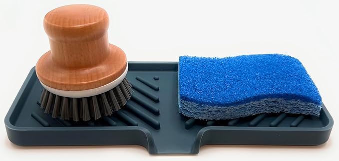 Happitasa Silicone Soap Dish Tray and Sponge Holder with Drain Chute and Feet | 3-Way Sloped Design | Bathroom and Kitchen Sink Organizer Caddy (Smoky Blue, 10"x4", 7.8 Ounces)