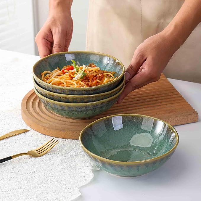 Henten Home Ceramic Soup Bowl Set, 25 oz Cereal Bowls Set of 4, Porcelain Salad Bowls Set, Stoneware Serving Bowls for Kitchen, Microwave& Dishwasher Safe, Reactive Glaze (Green)