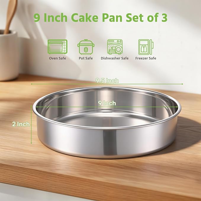 E-far 9 Inch Cake Pan Set of 3, Stainless Steel Round Cake Baking Pans, Non-Toxic & Healthy, Mirror Finish & Dishwasher Safe