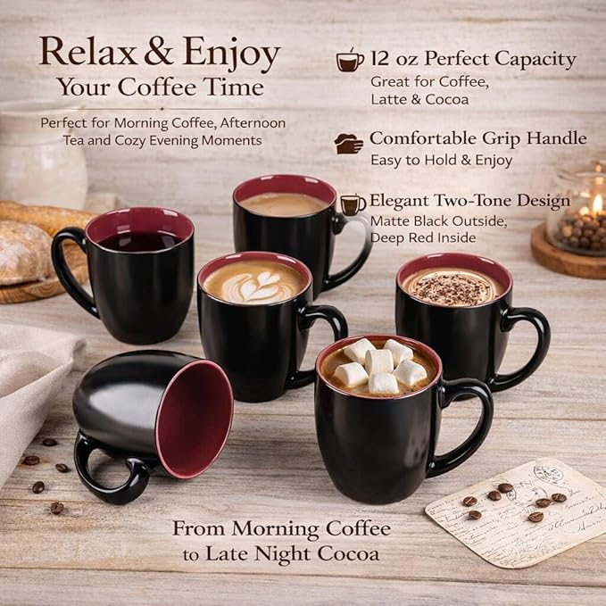 GBhome 12oz Coffee Mugs Set of 6, Large Ceramic Coffee Mugs for Man, Woman, Dad, Mom, Modern Coffee Mugs Set with handle for Tea/Latte/Cappuccino/Milk/Cocoa. Dishwasher&Microwave Safe,Red