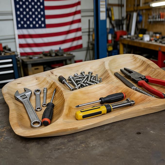BTEOBFY Natural Wood 4-Compartment Divided Fruit Tray, Live Edge Handmade Serving Platter for Snacks, Sandwiches, Appetizers, Unique Hand-Carved Rustic Design