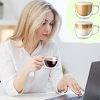 Double Walled Glass Coffee Mugs Set of 2, 8 oz Hand Blown Insulated mugs with Handle, Clear Coffee Mugs for Cappuccino, Latte, Espresso, Americano, Tea Bag, Beverage Glasses Heat Resistant Coffee Cups