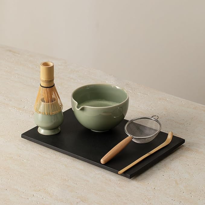 Matcha Whisk Set, Matcha Set with Ceramic Matcha Bowl, Bamboo Whisk & Holder, Sifter, Tea Scoop (Celadon)