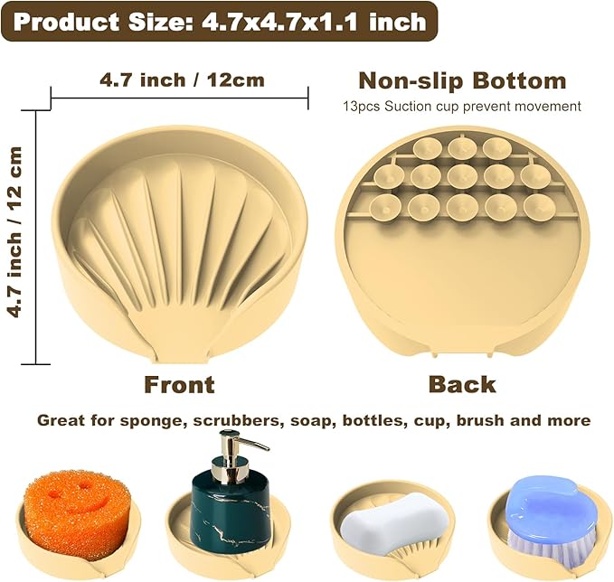 Sponge Holder for Scrub Daddy with Suction Cups and Drain Spout Kitchen Sink Caddy Organizer, Soap Dishes Holder Accessories Rack, Dishwasher Safe - 4.7"x4.7", Sand Color