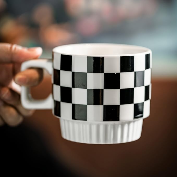 Miamolo Stackable Coffee Mug Set of 4 with Rack 11 oz Tea Cup Set with Little Spoon for Coffee Tea Cocoa Milk, Checkered Black and White Pattern Coffee Mug for Housewarming Gift
