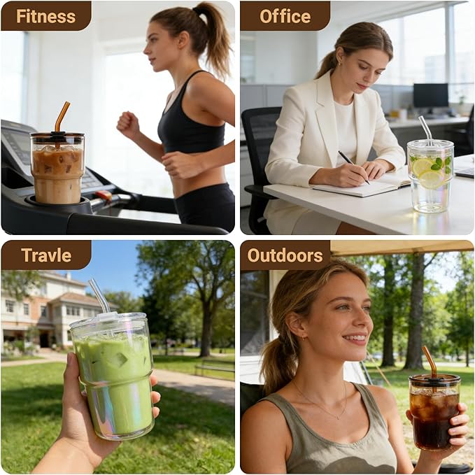 Luxfuel 16 oz Glass Tumbler with Lid & Straw, Reusable Iced Coffee Cup & Smoothie Cup, Leak-Proof Borosilicate Glass for Coffee, Iced Tea, Water – 1 Pack, Ideal for Office, Home & Travel, Iridescent