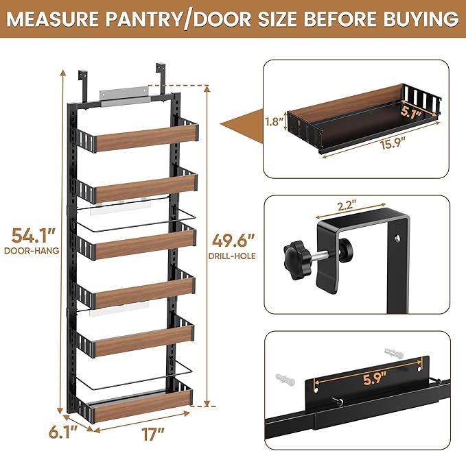 6 Tier Over The Door Pantry Organizer, 2-in-1 Door Hanging or Wall Mounted Spice Rack, Large Heavy Duty Pantry Door Storage Seasoning Shelves with Adjustable Basket for Kitchen Bathroom Closet