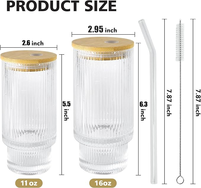 16oz Glass Cup with Lids Straws Brush Vintage Glassware for Mojito Iced Coffee Soda Smoothie Whiskey(Ribbed & Hobnail)