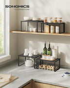 SONGMICS Cabinet Organizer Shelf, Set of 2 Kitchen Counter Shelves, Kitchen Storage, Spice Rack, Stackable, Expandable, Metal and Engineered Wood, Ink Black and Charcoal Black UKCS02B01 (Pack of 2)