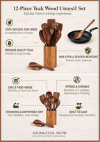 12-Piece Natural Teak Wood Utensil Set with Holder & Rest - Nonstick Cooking Spoons, Spurtles, Heat Resistant Tools