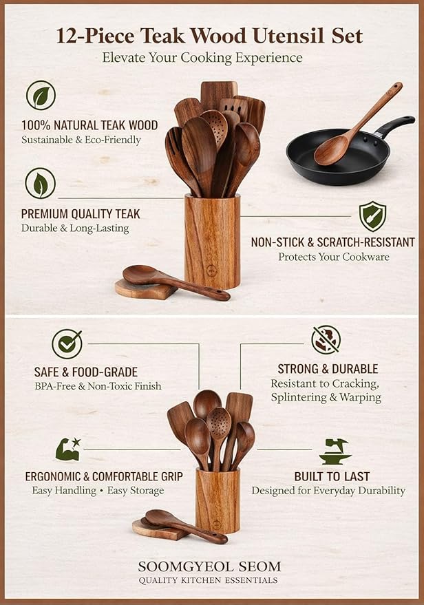 12-Piece Natural Teak Wood Utensil Set with Holder & Rest - Nonstick Cooking Spoons, Spurtles, Heat Resistant Tools