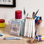 Multiuse Caddy Organizer with Handle, Portable Divided Plastic Tote Bin - Art Craft, Stationary Pen Marker Crayons, Makeup Hair Supplies Storage - Bathroom, Classroom, Dorm, Office, Desk Holder -Clear