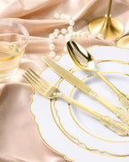 realluck 175 Piece White Gold Plastic Dinnerware Set for 25 Guests Elegant Baroque Disposable Dinnerware for Weddings, Parties, 50 Plastic Plates, 25 Pre Rolled Napkins with Silverware, 25 Cups