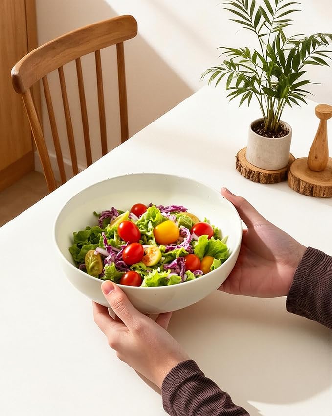 Metflavor Pasta Bowls Set of 8, 34oz Speckled Ceramic Bowls Set for Serving Salad, Pasta, Soup, Dinner, 8" Wide and Deep Bowls, Dishwasher & Microwave Safe, Matte Terracotta Base (Warm White)