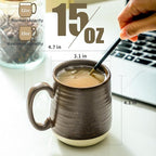 Hasense Coffee Cups Set of 6, 15 oz Stoneware Coffee Mugs with Big Handles, Modern Tea Cup for Indoor and Outdoor for Cocoa, Milk, Tea, Hot Chocolate, Soup, Valentine's Day Gifts, Brown