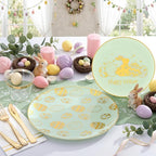 Festiva 175Pcs Easter Plates and Napkins Disposable - Green and Gold Plastic Dinnerware Set for 50 guests include 50 Plates 25Cups 25Plastic Silverware 25Napkins Perfect for Easter Party