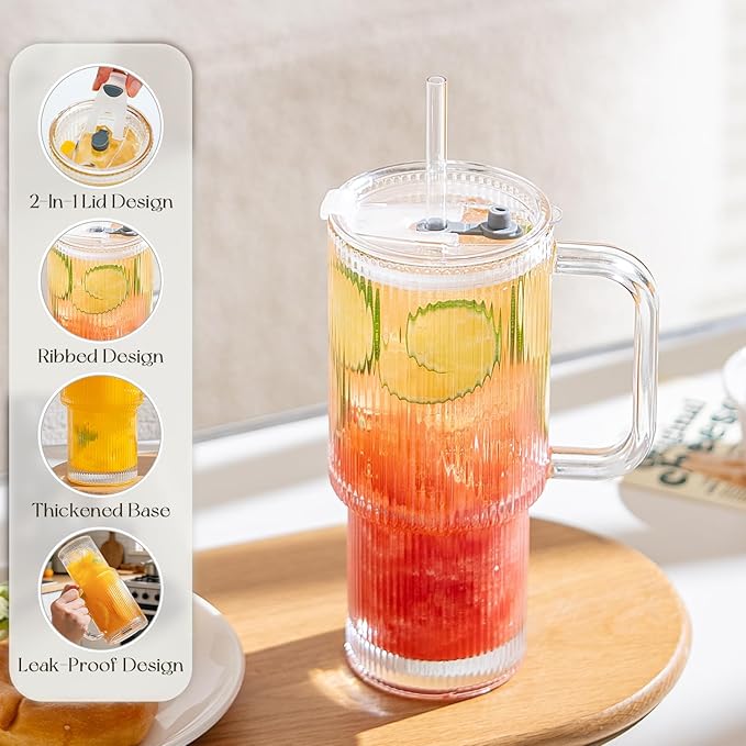 KEMORELA 26oz Ribbed Glass Tumbler with Handle & Lid, 2-Pack Clear large Iced Coffee Cups with Straws, Spill proof Glass Mug for Cold & Hot Beverages, Travel Cup for Smoothies, Tea, and Juice