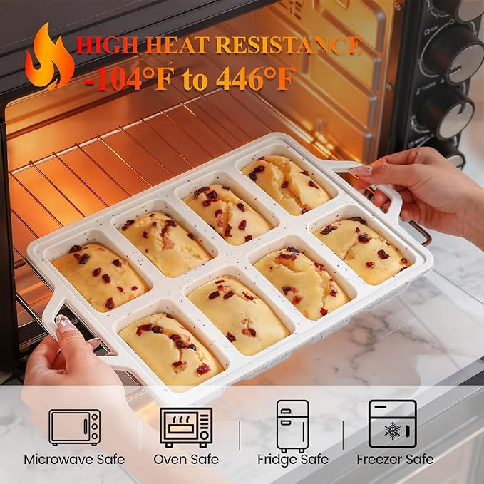 FUNBAKY Metal Reinforced Silicone Mini Loaf Pan, 8-Cavity Nonstick Mini Bread Pans for Baking Bread, Cakes, Brownies, Meatloaf, Jellies Oven Dishwasher Safe