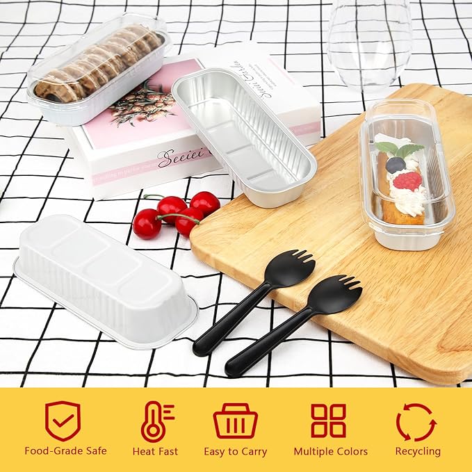 Mini Loaf Pans with Lids 100 Pack,LNYZQUS 6.8oz Mini Cake Pans Rectangle Aluminum Foil Baking Tins Containers,Disposable Small Cake Baking Pan Cupcake Baking Cups Muffin Tins-White