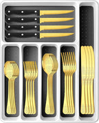 49PCS Gold Silverware Set for 8 with Flatware Drawer Organizer, Stainless Steel Cutlery Set with Steak Knives, Include Spoons and Forks Set, Carving floral patterns