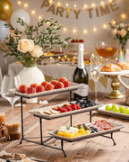 LAUCHUH 3 Tier Serving Tray, Porcelain Serving Platters and Trays for Party 12 Inch Tiered Tray Stand Cupcake Stand with Collapsible Sturdier Rack for Mother's Day Serving Food, Speckled Glaze