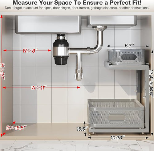 2 Pack 15.5IN-Depth Under Sink Organizer With Next-Gen Ball-Bearing Slides,2-Tier Precision Mesh Pull Out Cabinet Storage for Bathroom&Kitchen,Height Adjustable Drawers Shelf,Anti-rust-Grey