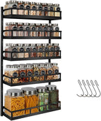 X-cosrack Wall Mount Spice Rack Organizer 5 Tier Height-Adjustable Hanging Spice Shelf Storage for Kitchen Pantry Cabinet, Dual-Use Seasoning Holder Rack with Hooks, Black-Patented