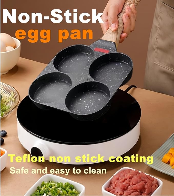 Egg Pan With Lid 4-Cup Nonstick, and Healthy Granite Egg Frying Pan, Versatile Breakfast Skillet for Eggs, Pancakes, Plett, Crepes, Compatible with Gas Stove and Induction Cooktop