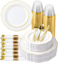 realluck 350 Piece White Gold Plastic Dinnerware Set for 50 Guests Elegant Baroque Disposable Dinnerware for Weddings, Parties, 100 Plastic Plates, 50 Pre Rolled Napkins with Silverware, 50 Cups