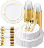 realluck 350 Piece White Gold Plastic Dinnerware Set for 50 Guests Elegant Baroque Disposable Dinnerware for Weddings, Parties, 100 Plastic Plates, 50 Pre Rolled Napkins with Silverware, 50 Cups