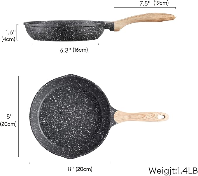 JEETEE 8 inch Nonstick Frying Pan Granite Stone Coating Cookware, Nonstick Omelette Skillet with Soft Touch Handle, All Stove Induction Compatible (Gray)