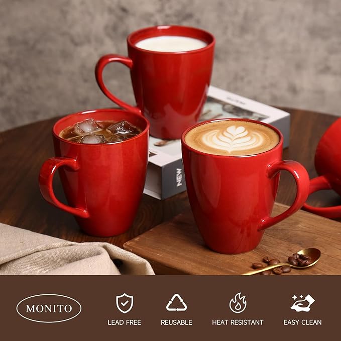 MONITO 17 OZ Coffee Mugs Set of 4, Large Ceramic Blue Coffee Mugs Set with handle for Tea/Latte/Milk/Cocoa, Funny Tea Cups for Office and Home, Engagement Gifts. (Red)