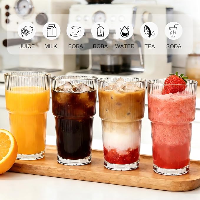Accguan 20oz Ribbed Glass Tumbler with Straw and Lid,Glass Cup,Reusable lced Coffee Cups with lids-Glass Cups with Lids for Smoothie,Coffee,Juice,Tea,Travel Mug,Cold & Hot Beverages, 6Pack