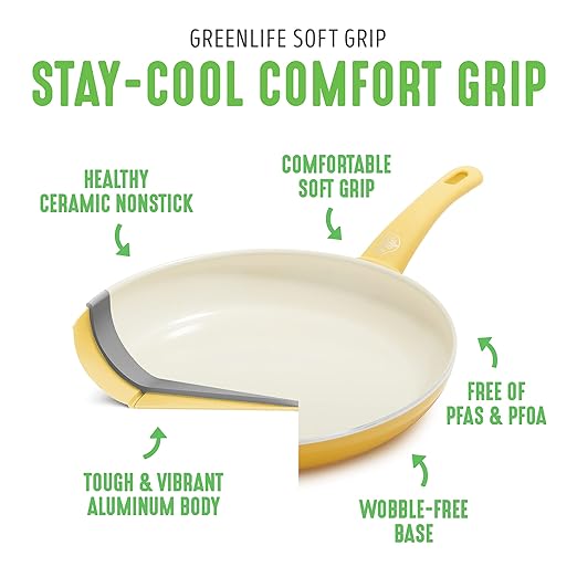 GreenLife Nonstick 8" Frying Pan Skillet, Non-Toxic PFAS-Free Ceramic Nonstick, Dishwasher & Oven Safe, Stay-Cool Handles, Wobble Free, Yellow