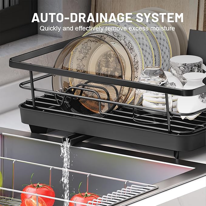 Dish Drying Rack, Dish Racks for Kitchen Counter, Large Capacity Dish Drainers with Cutlery Holder, Kitchen Organizer for Dishes, Spoons and Forks, Black