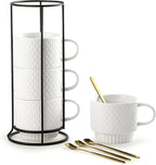 Gomakren Stackable Coffee Mugs Set with Stand, Coffe Cup with Tea Spoon 13 Ounce White Cups for Cappuccino Coffee Drinks Tea, Set of 4, Gift for Man Women 380ml