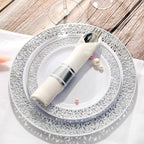 WELLIFE 700 Pieces Silver Disposable Plastic Dinnerware, Includes:100 Dinner Plates, 100 Dessert Plates, 100 Cups, 400 Pre Rolled Napkins with Silver Cutlery