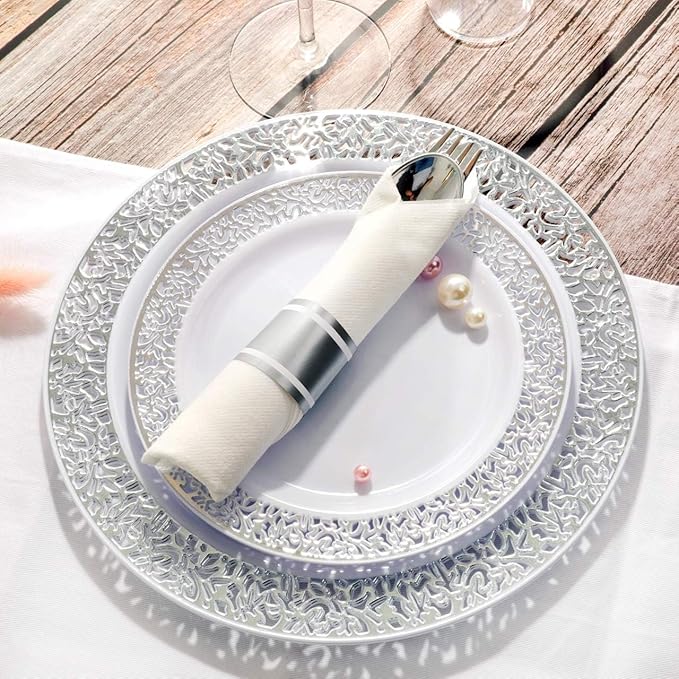 WELLIFE 700 Pieces Silver Disposable Plastic Dinnerware, Includes:100 Dinner Plates, 100 Dessert Plates, 100 Cups, 400 Pre Rolled Napkins with Silver Cutlery