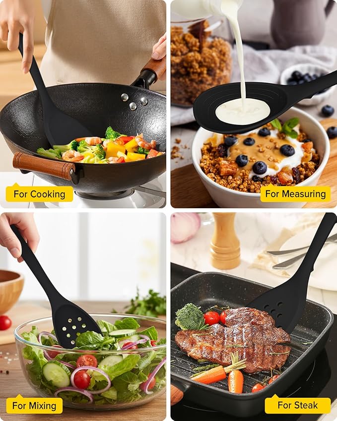 Pack of 4 Silicone Cooking Utensils Set, Non Stick Solid Spatulas and Heat Resistant Slotted Spoons with Back Hooks, Ideal BPA Free Kitchen Utensils Set for Frying,Serving,Turning,Stirring (BLACK)