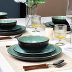 Plates and Bowls Sets for 4 - CJDC-QUELO 12-Piece Stoneware Dinnerware Sets, Ceramic Dishware Set for Kitchen Use and Formal Dining, Chip and Scratch Resistant Microwave Dishwasher Safe, Green