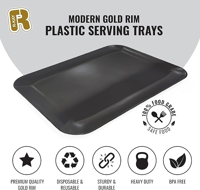 3 Pack Black Plastic Serving Trays for Party - Black Serving Tray 8 x 11 Inch - Heavy Duty Dessert Trays for Food - Rectangular Party Serving Trays for Entertaining