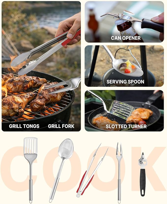 Portable Camping Cooking Utensils Set, Camp Kitchen Set with Organizer Bag, RV Essentials Outdoor Cooking Utensil Kit for Travel, Picnics, Camping, BBQs, Parties