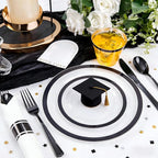 Liacere 350PCS - Clear Plates with Black Rim for 50Guests Dinnerware Include 100 Clear Plates disposable 150 Black Silverware 50 Napkins for Party & Graduation
